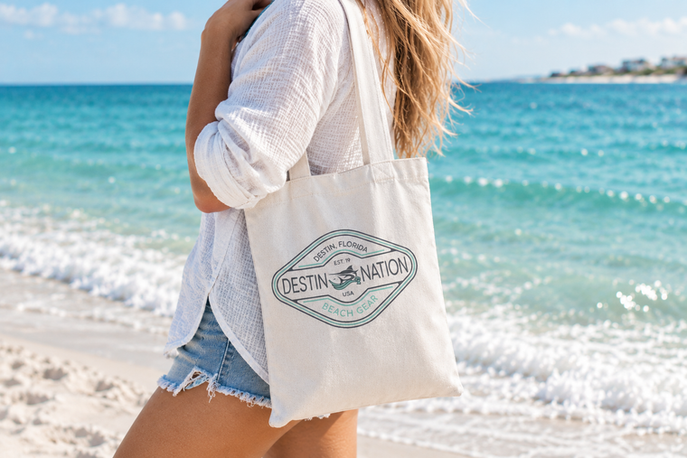 Destin Nation Beach Gear 2019 White Madi Tote Bag Front Model