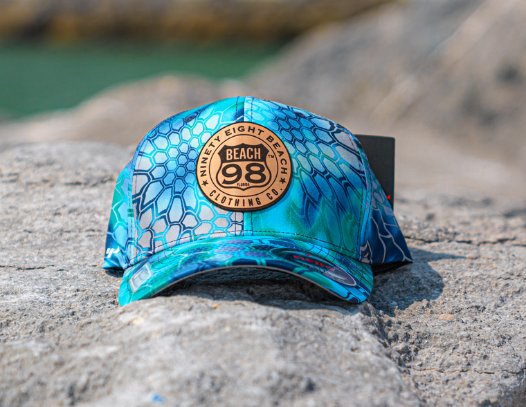 Ninety Eight Beach Leather Logo Kryptek Pontus Water Repellent Flexfit Cap