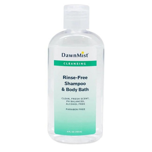 DawnMist Rinse Free Shampoo and Body Wash 4 Fl Oz w/dispensing cap, pH balanced, paraben free