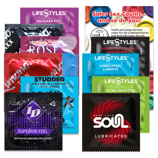Assortment of Lubricated Condoms in a safer sex kit for easy distribution SSKit#4