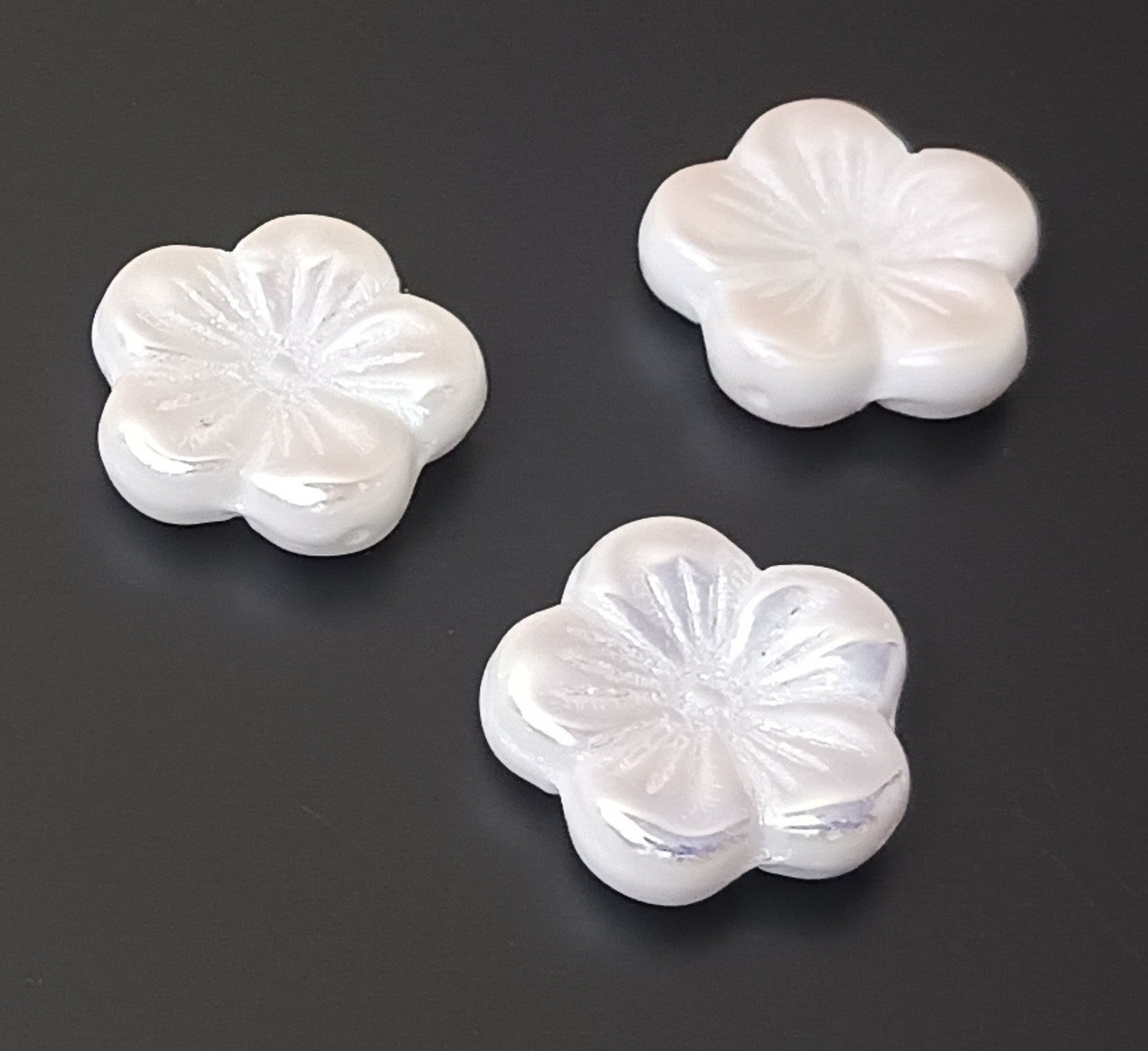5 Czech Glass 20mm Hibiscus Flower Beads - Chalk White Full AB