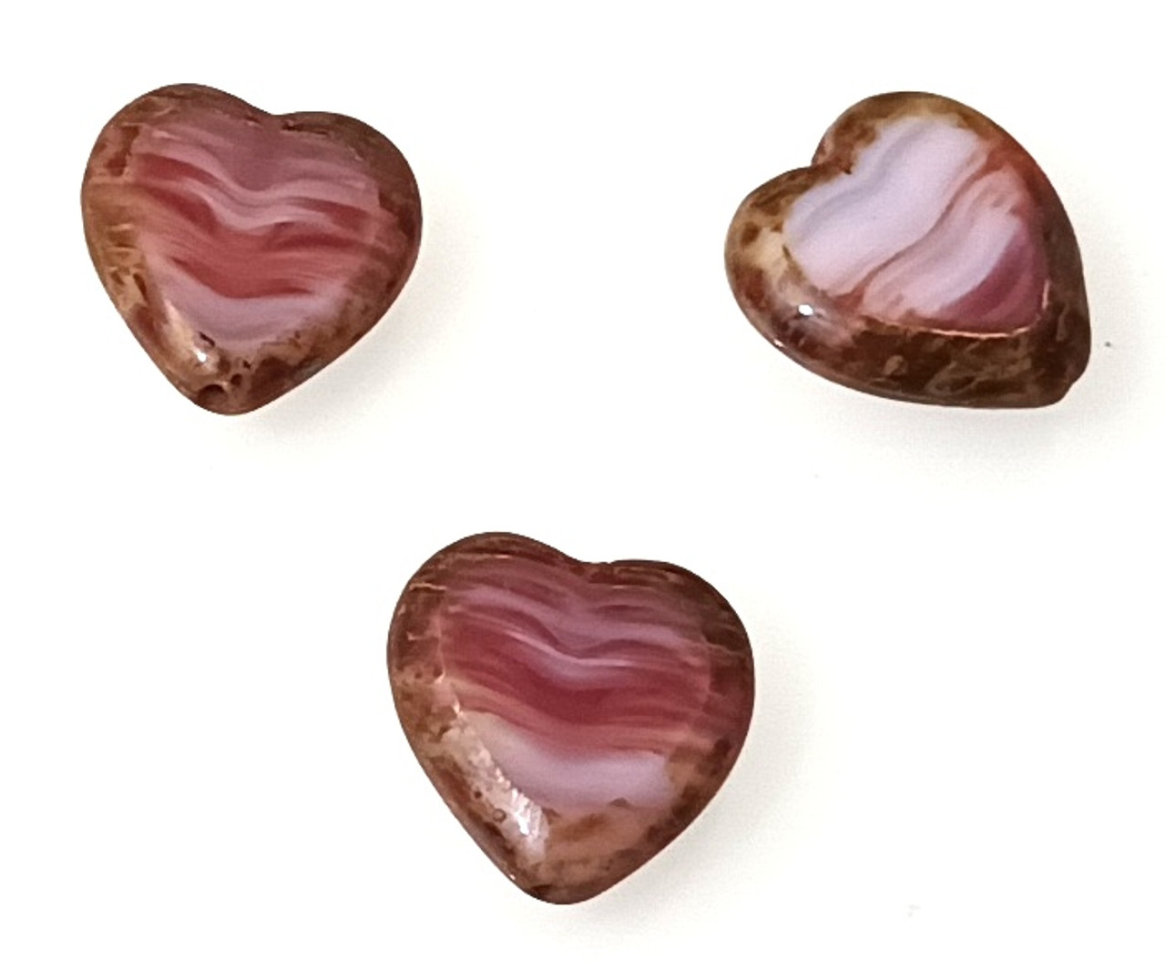 5 Czech Glass 16mm Heart Beads - Mixed Pink Gold Finish