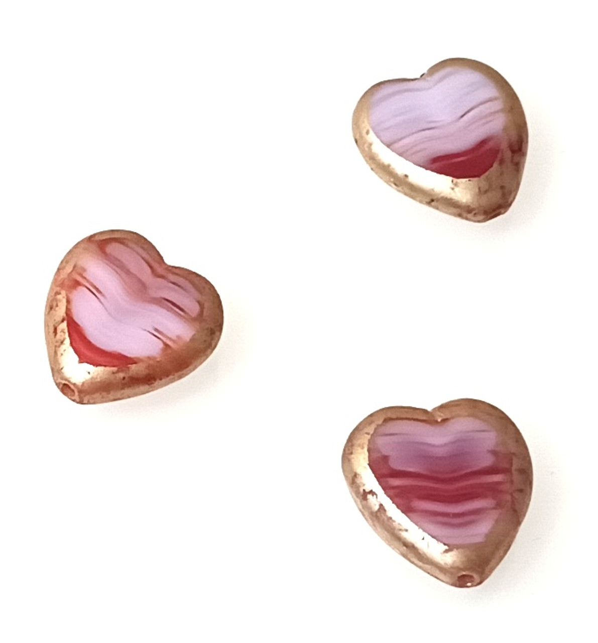 5 Czech Glass 16mm Heart Beads - Mixed Pink Gold Finish