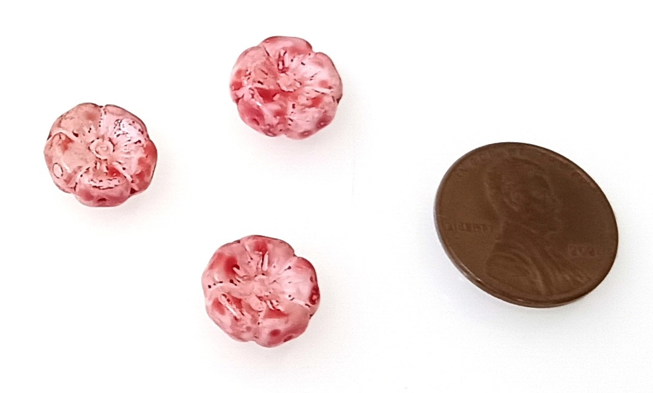 Lot of twenty 10mm Czech glass flower beads - crystal clear beads with a  deep pink wash - C0046