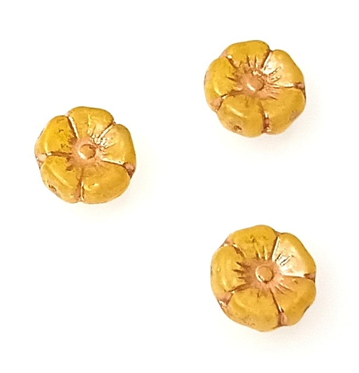 Czech Glass 7mm Hibiscus Flower Beads - Marigold Yellow Copper Wash