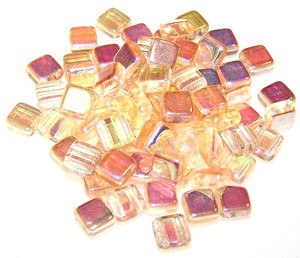 Czech Glass 2-Hole 6mm Tile Beads - Crystal Yellow Rainbow