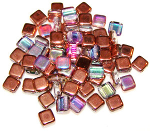 Czech Glass 2-Hole 6mm Tile Beads - Crystal Copper Rainbow
