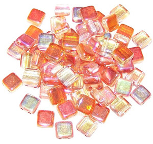 Czech Glass 2-Hole 6mm Tile Beads - Crystal Orange Rainbow