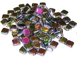 Czech Glass 2-Hole 6mm Tile Beads - Jet Vitrail Full