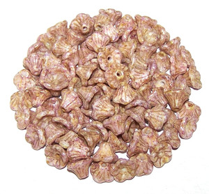 Czech Glass 7x5mm Flower Cup Beads - Chalk White Lila Gold Luster