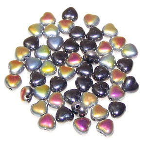 Czech Glass Heart Beads - Jet Hematite AB