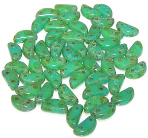 Czech Glass 2-Hole 8x4mm Half Moon Beads - Turquoise Green Dark Travertine