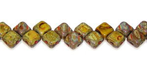 40 Czech Glass Silky 2-Hole 6mm Beads - Green Opaque Travertine