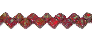 40 Czech Glass Silky 2-Hole 6mm Beads - Opaque Red Travertine