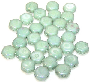 Czech Glass 6mm Honeycomb Hex 2-Hole Beads - Green Luster
