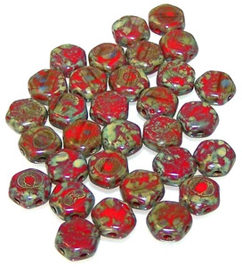 Czech Glass 6mm Honeycomb Hex 2-Hole Beads - Red Travertine