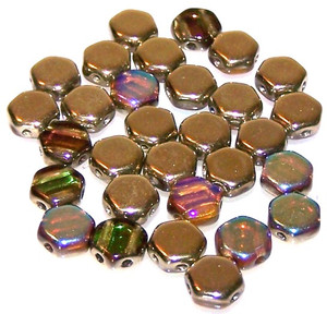Czech Glass 6mm Honeycomb Hex 2-Hole Beads - Topaz Gold Rainbow