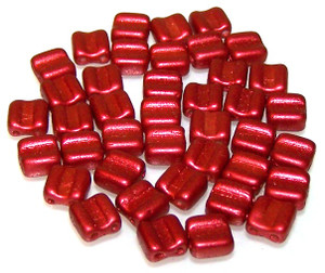 40 Grooved Tile 2-Hole Czech Glass Groovy Beads - Chalk Lava Red