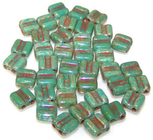 40 Grooved Tile 2-Hole Czech Glass Groovy Beads - Turquoise Green Picasso