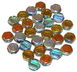 Czech Glass 6mm Honeycomb Hex 2-Hole Beads - Aqua Orange Rainbow