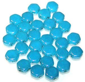 Czech Glass 6mm Honeycomb Hex 2-Hole Beads - Turquoise Blue Shimmer