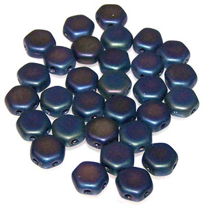 Czech Glass 6mm Honeycomb Hex 2-Hole Beads - Jet White Iris Matte