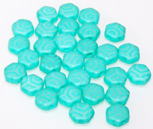 Czech Glass 6mm Honeycomb Hex 2-Hole Beads - Silk Laser Turquoise Web