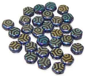 Czech Glass 6mm Honeycomb Hex 2-Hole Beads - Jet Laser Web Ab