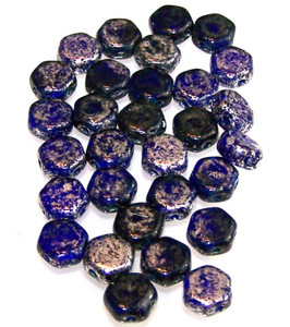 Czech Glass 6mm Honeycomb Hex 2-Hole Beads - Silver Splash Cobalt Transparent