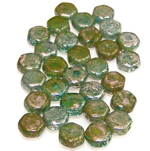 Czech Glass 6mm Honeycomb Hex 2-Hole Beads - Silver Splash Aqua