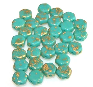 Czech Glass 6mm Honeycomb Hex 2-Hole Beads - Gold Splash Turquoise Green