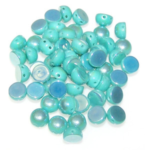 6mm Czech Glass 2-Hole Cabochon Beads - Green Turquoise Full Light AB