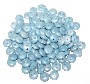 Czech 2-Hole 6mm Lentil Beads - Chalk White Baby Blue Luster