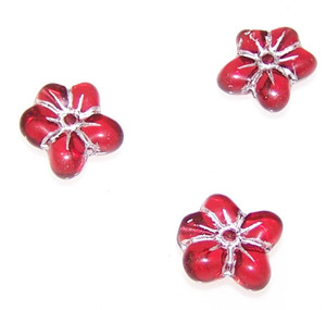 10 Czech Glass 14mm 5-Petal Pressed Flower Beads - Fuchsia Silver Fire