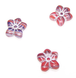 10 Czech Glass 14mm 5-Petal Pressed Flower Beads - Red Blue Silver Fire