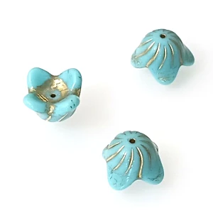 5 Czech Glass 15x9mm 4-Petal Flower Bell Beads - Opaque Turquoise Bronze