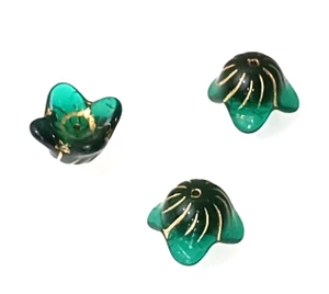 5 Czech Glass 15x9mm 4-Petal Flower Bell Beads - Turquoise Emerald