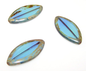Czech Glass Table Cut Blue Light Green Picasso Luster 18x36mm Oval Beads