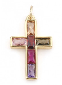 Multi-Color Cubic Zirconia 18k Gold-Plated 28x15mm Cross Multi-Color Cubic Zirconia 18k Gold-Plated 28x15mm Cross