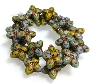Green and Blue Mix 17mm 4-Petal Lily Flower Czech Glass Beads Green and Blue Mix 17mm 4-Petal Lily Flower Czech Glass Beads