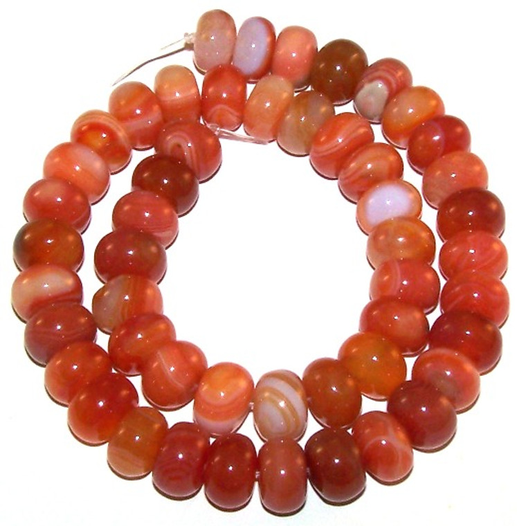 Red Orange Striped Agate 12x8mm Puff Rondelle Semiprecious Gemstone Beads