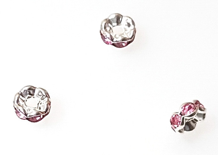 Light Rose 6mm Silver-Plated Rhinestone Rondelle Beads