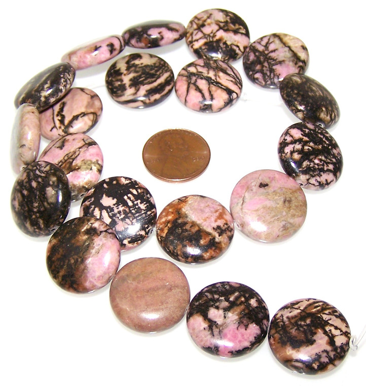 Rhodonite 20mm Puff Coin Semiprecious Gemstone Beads