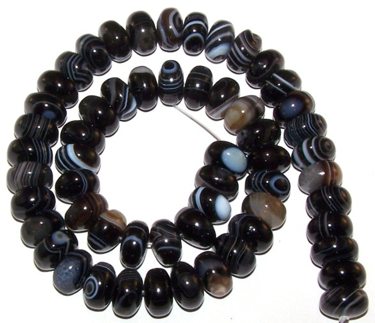Black Striped Agate 12x8mm Puff Rondelle Semiprecious Gemstone Beads