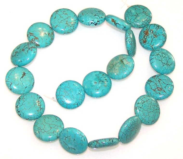 Turquoise Colored Howlite 20mm Puff Coin Semiprecious Gemstone Beads