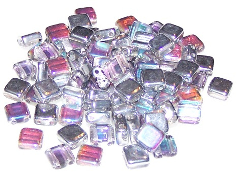 Czech Glass 2-Hole 6mm Tile Beads - Crystal Silver Rainbow