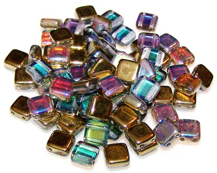 Czech Glass 2-Hole 6mm Tile Beads - Crystal Golden Rainbow