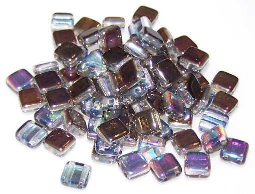 Czech Glass 2-Hole 6mm Tile Beads - Crystal Graphite Rainbow