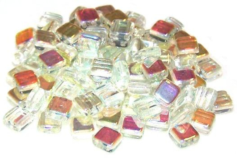 Czech Glass 2-Hole 6mm Tile Beads - Crystal Green Rainbow