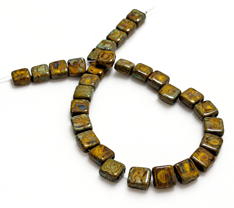 25 Czech glass 2-hole 6mm tile beads in opaque yellow Picasso finish